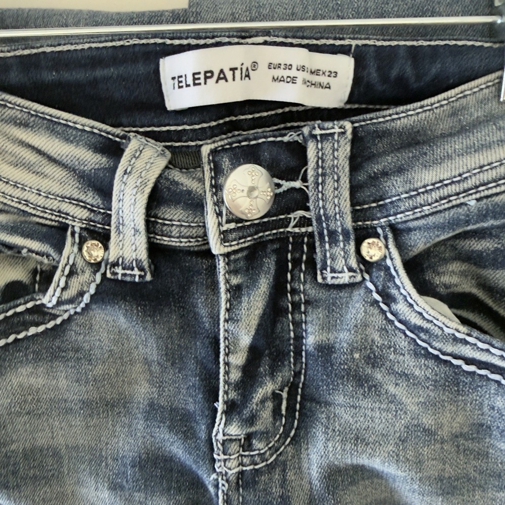 TELEPATIA Jeans Junior's Size 0/ XS Blue Mid-Rise Bootcut Rhinestone Denim - Picture 3 of 5